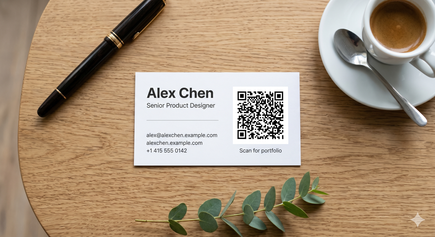 Professional business card on a wooden desk with a real scannable QR code linking to a portfolio