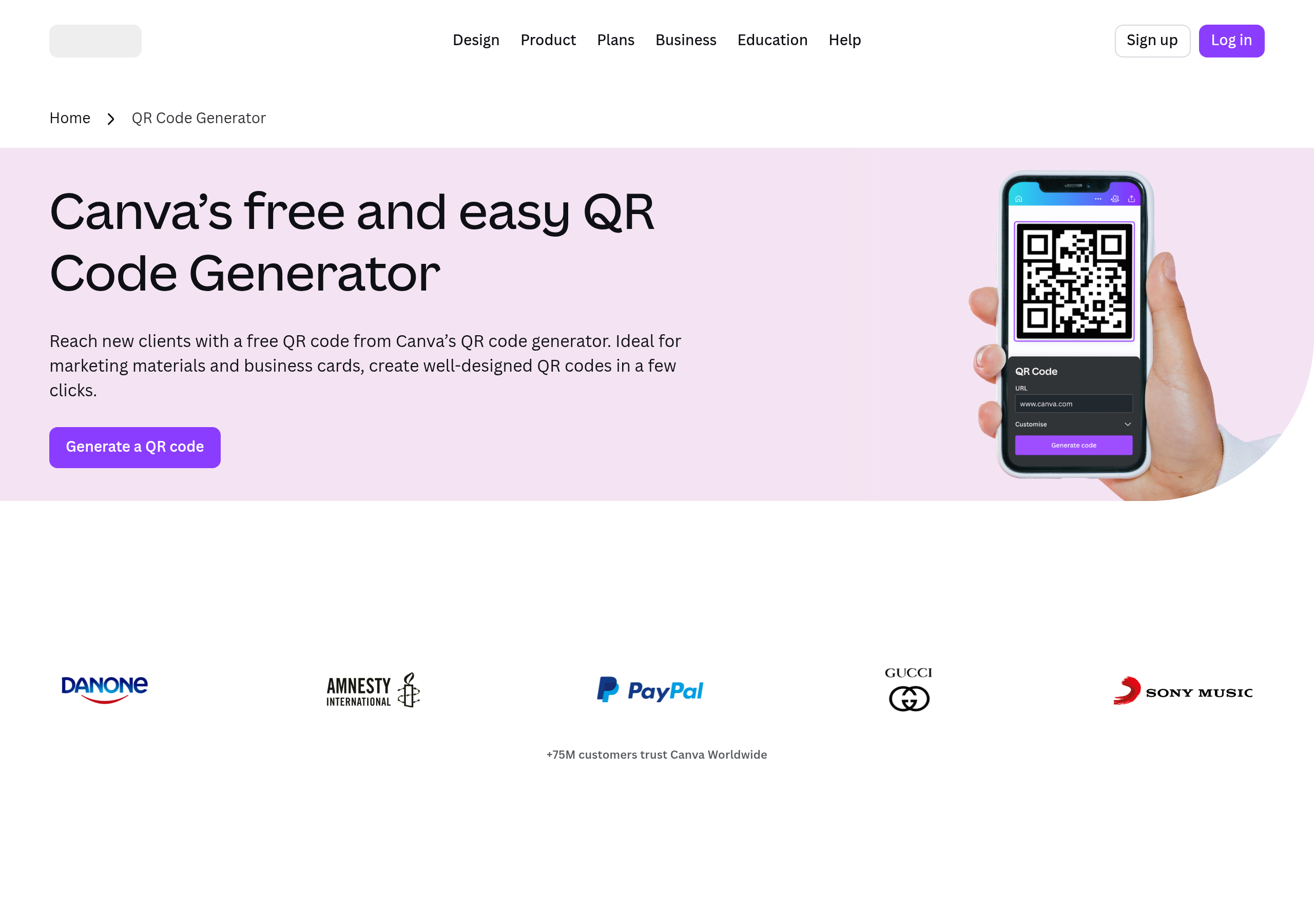 Canva free QR code generator landing page