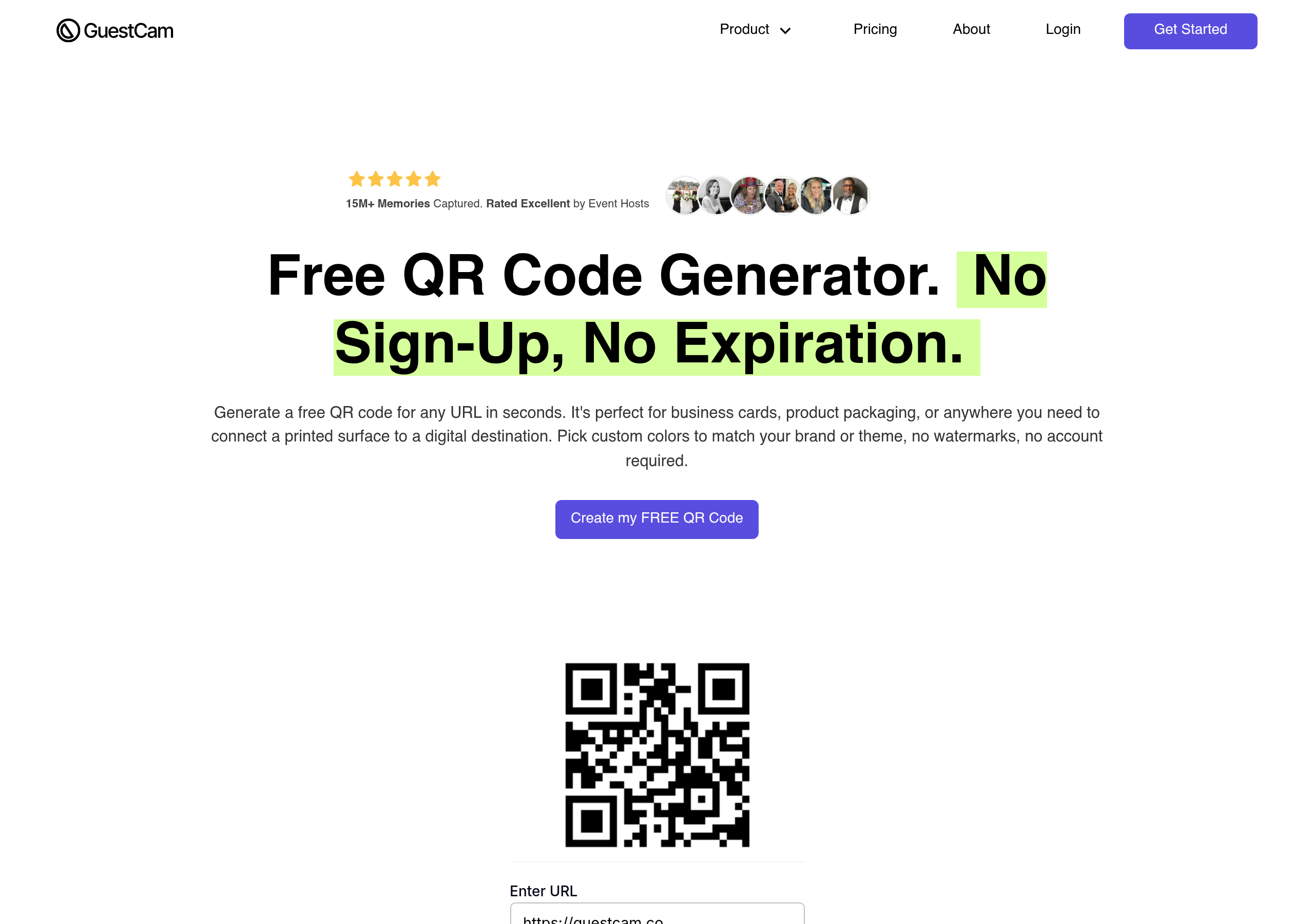 GuestCam free QR code generator with no sign-up and no expiration