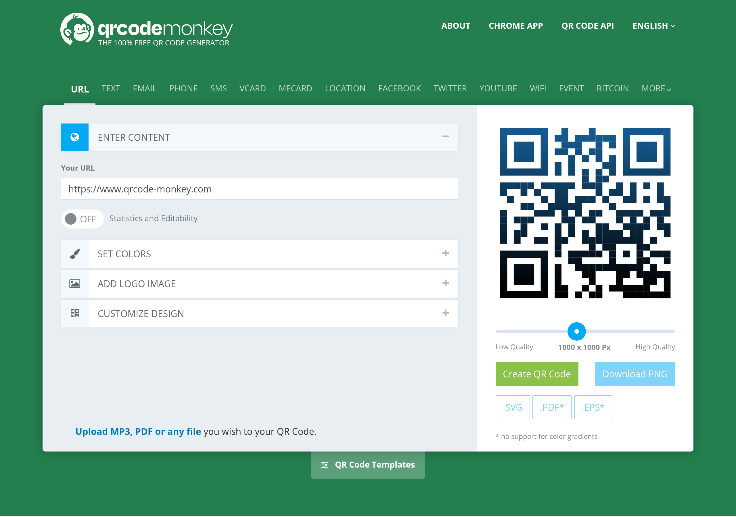 QR Code Monkey homepage with QR generator and customization controls