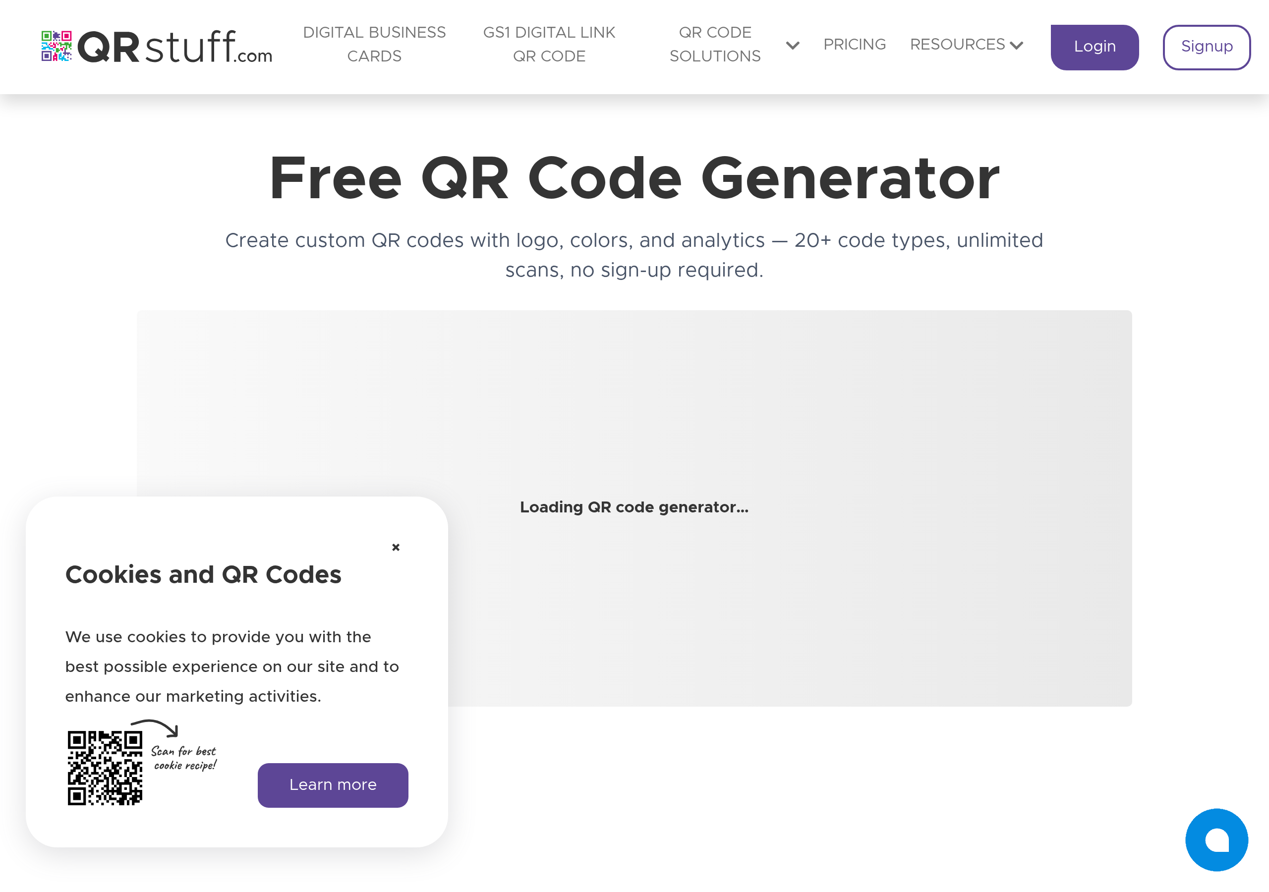 QRStuff free QR code generator landing page