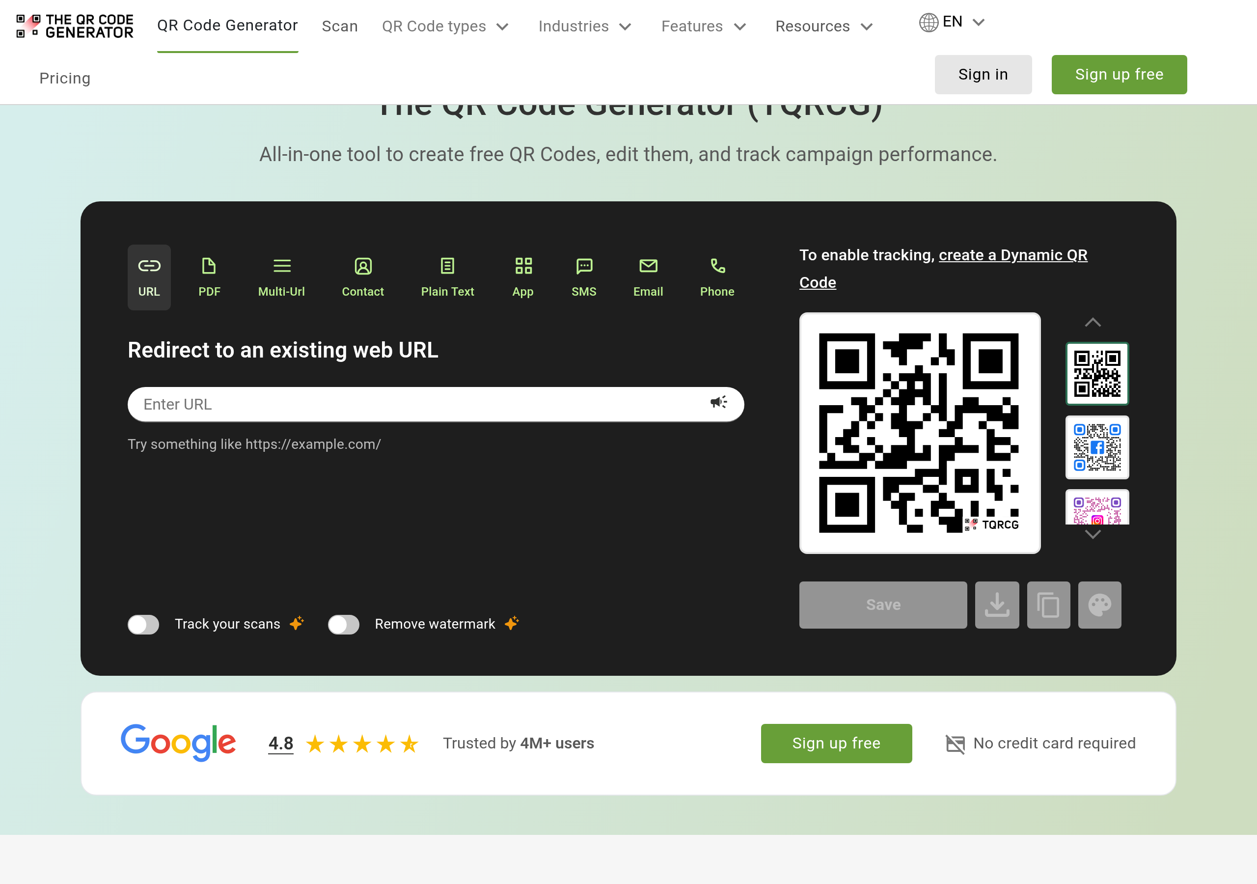 The QR Code Generator (TQRCG) homepage with code-type tabs and live preview