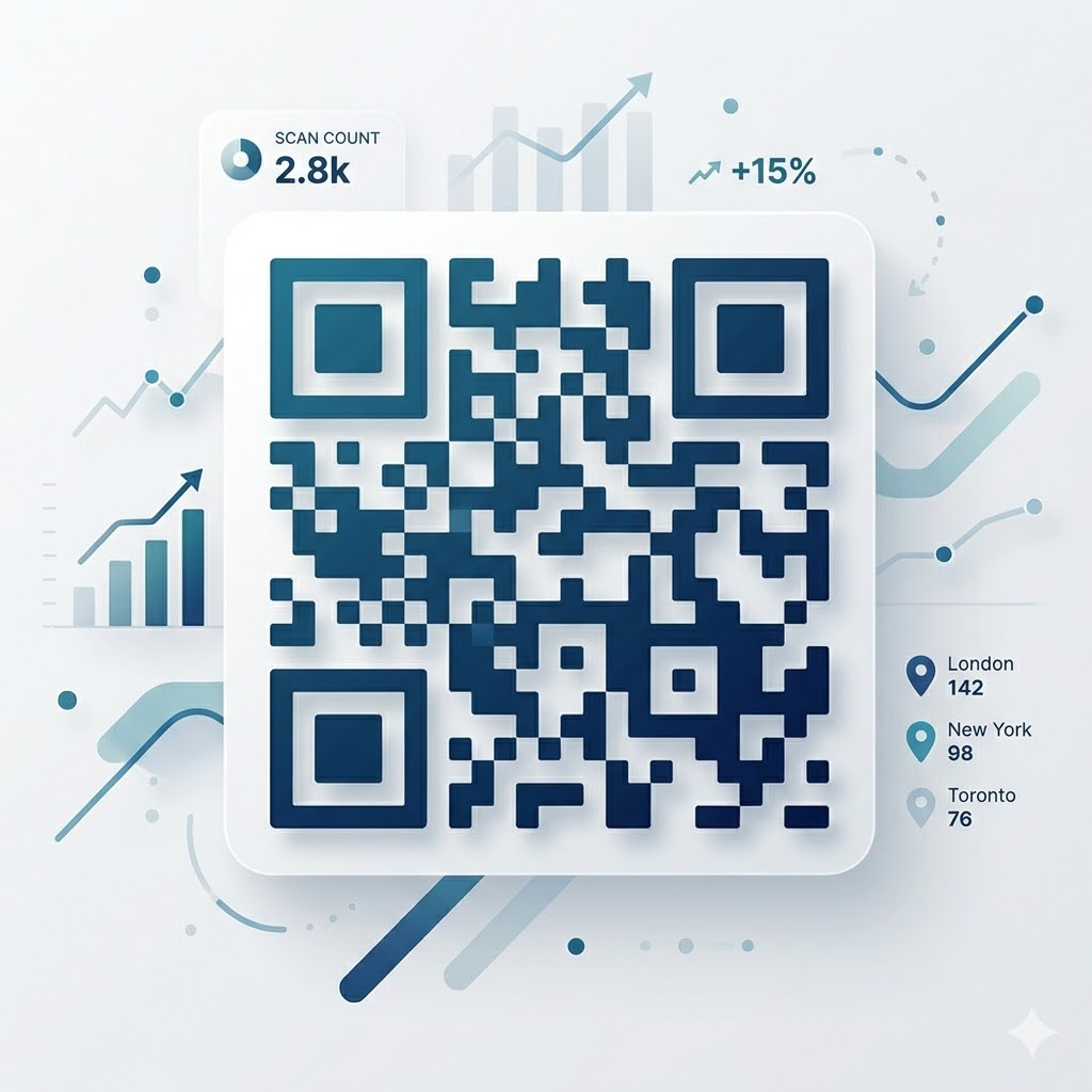 QR code illustration with analytics metrics such as scan count and locations