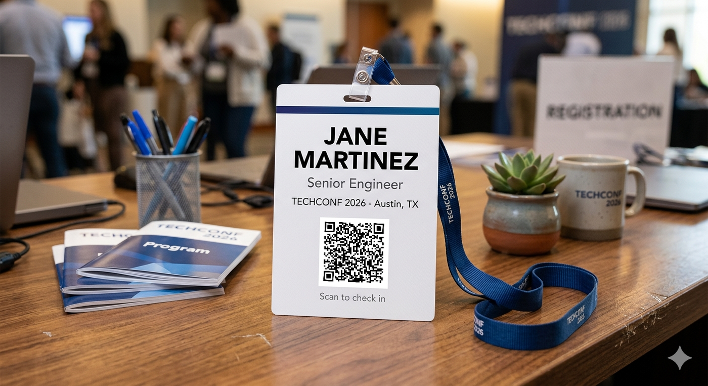 Conference attendee badge with a real scannable QR code for check-in, on a registration desk