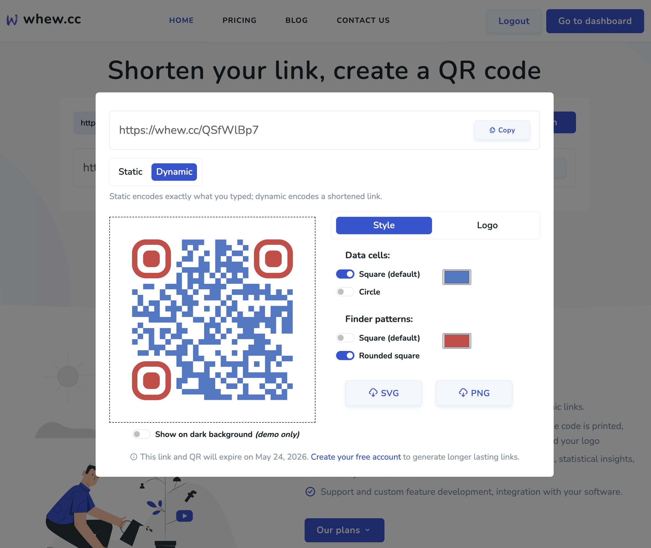 The whew.cc QR code generator UI with style and logo controls