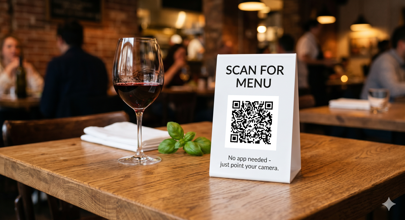 Restaurant table tent with a scannable QR code for the digital menu