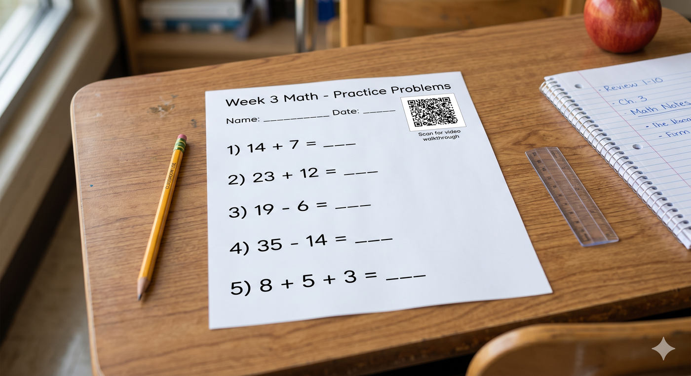 Math practice worksheet on a classroom desk with a real scannable QR code in the top-right corner