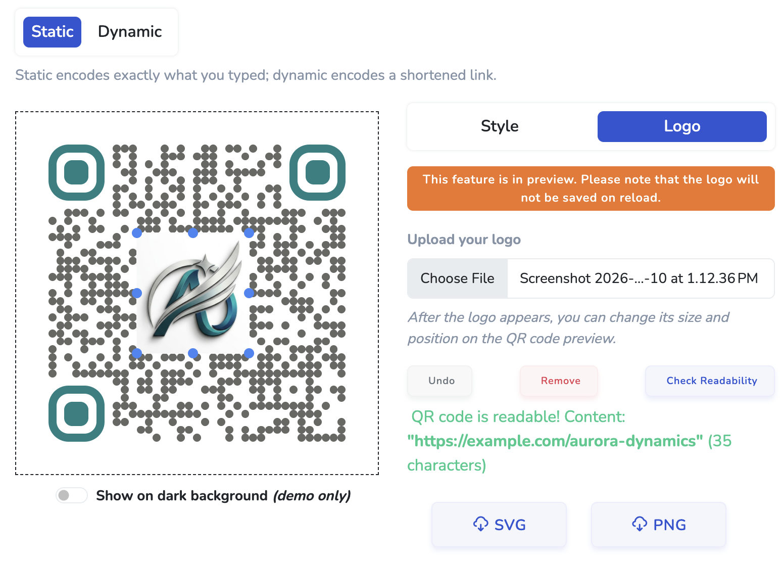 whew.cc QR generator Logo tab with upload control and readability check